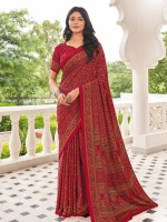 Red Pink Crepe Silk Digital Print Saree